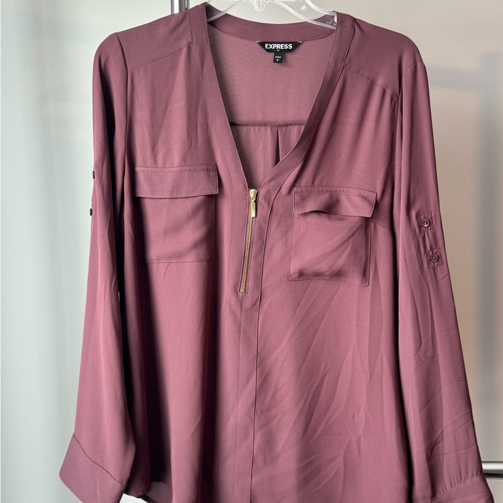Express Women's Dusty Rose V Neck Semi Sheer Blouse